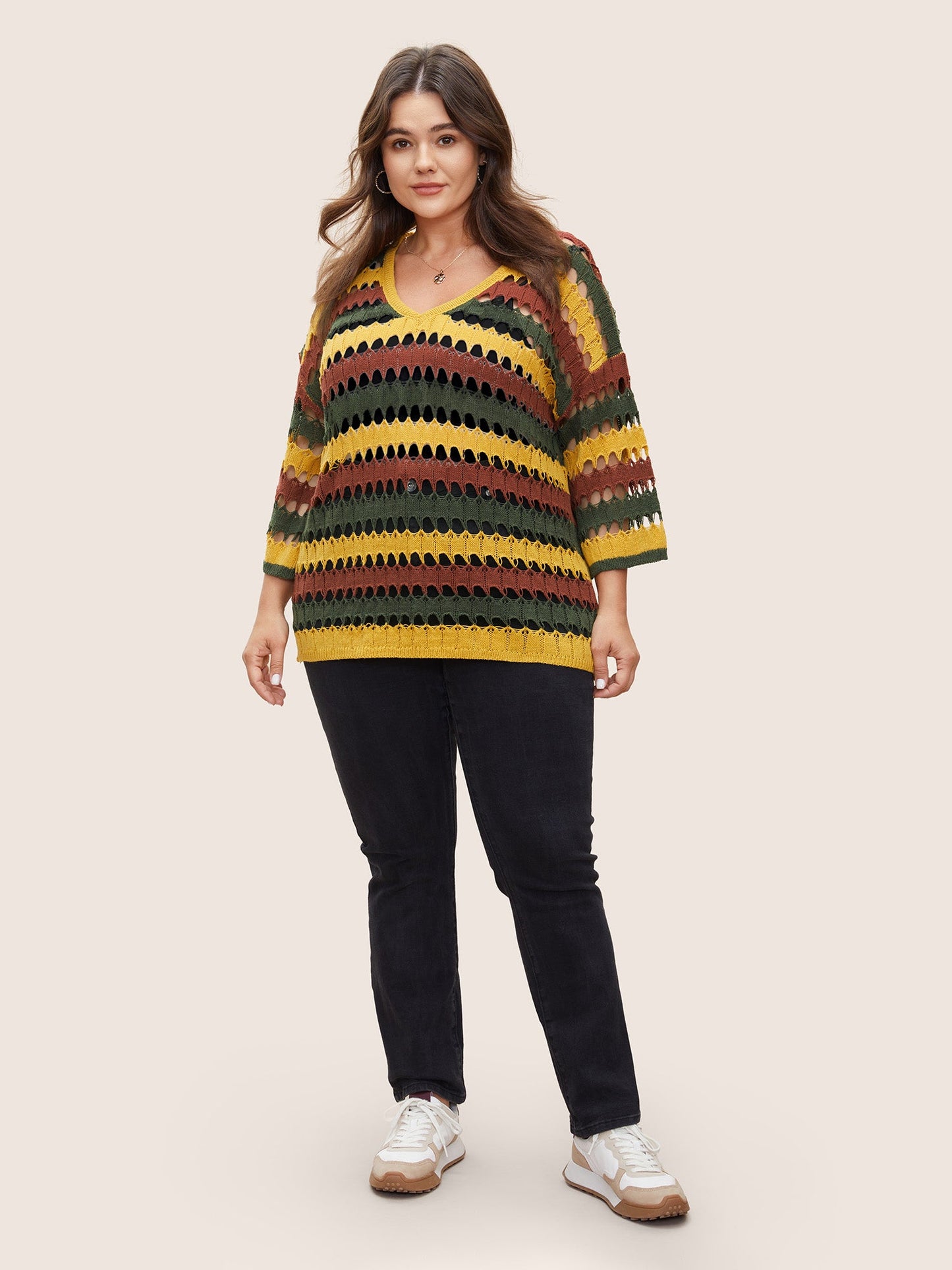 Deep V Neck Cut Out Stripes Contrast Pullover