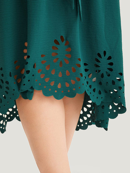 Plain Belted Laser Cut High Low Hem Dress