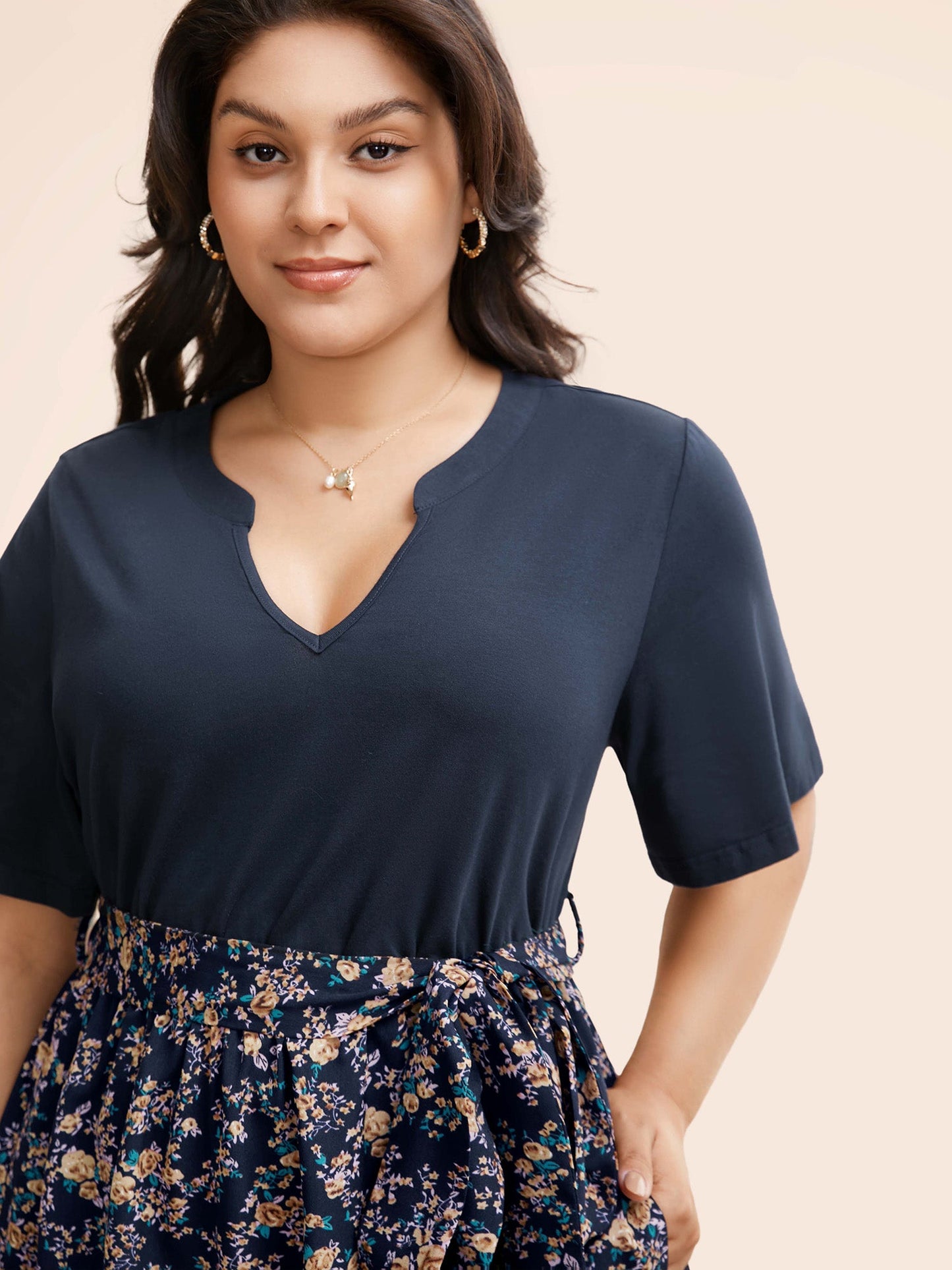 Notched Collar Floral Patchwork Belted Dress