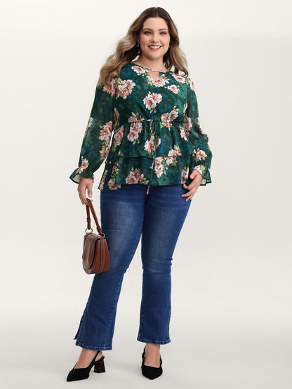 Sheer Floral Print Tie Flared Blouse