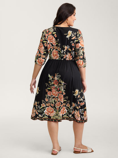 Rayon Floral Print Contrast V-Neck Midi Dress