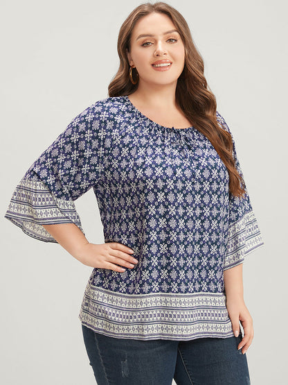 Floral Print Bell Sleeve Knotted Round Neck Blouse