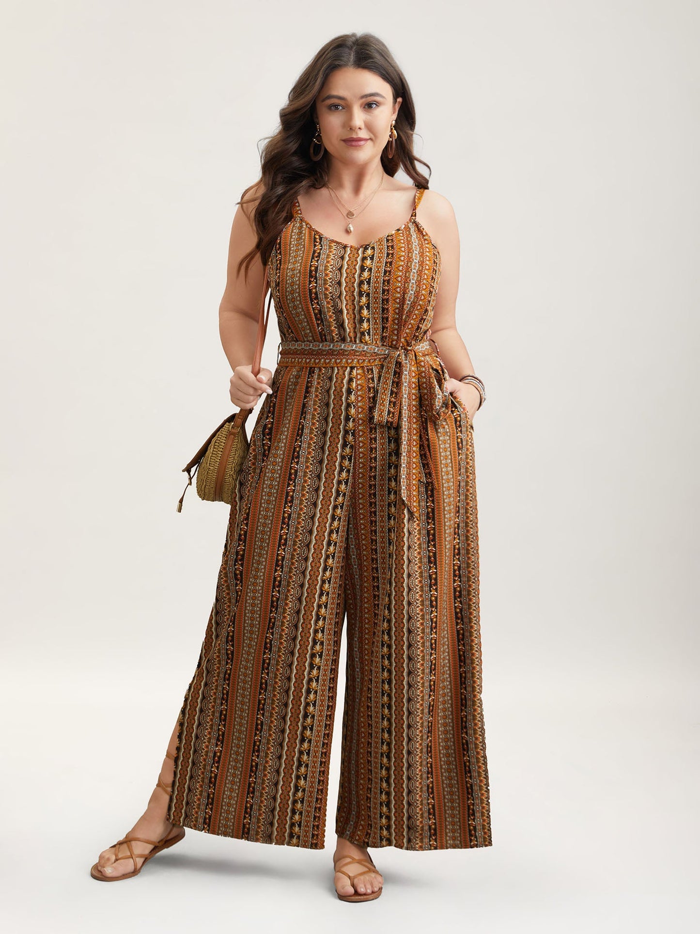 Boho Stripes Belted Straight Leg Jumpsuit