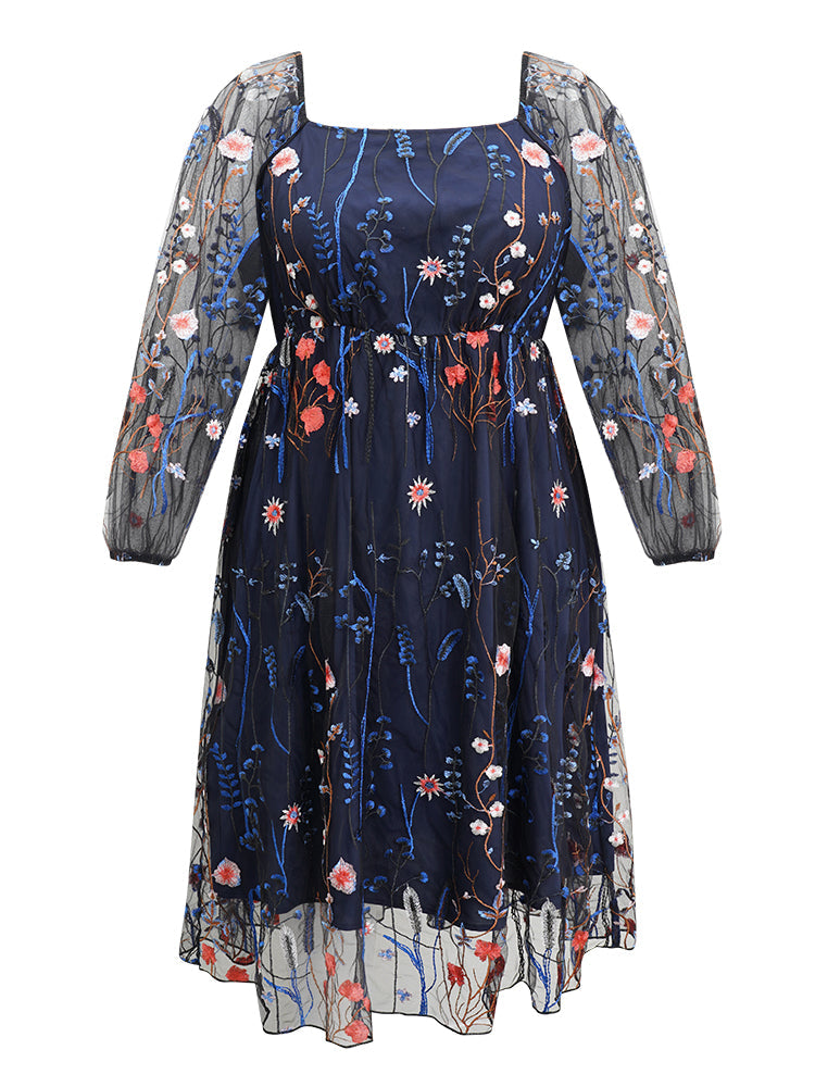 Square Neck Embroidered Lace Mesh Lantern Sleeve Dress