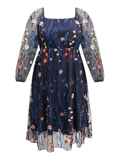 Square Neck Embroidered Lace Mesh Lantern Sleeve Dress