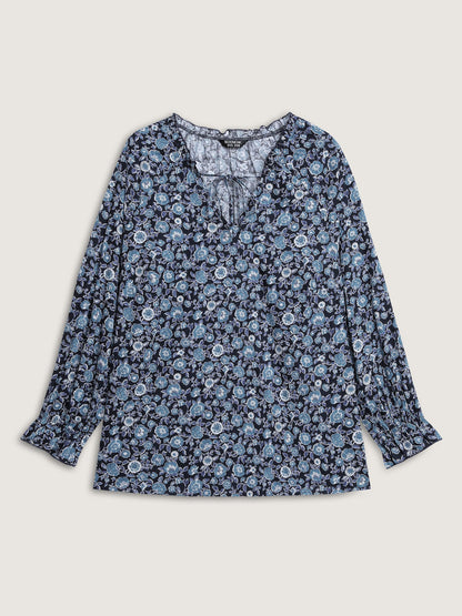 Cotton Floral Print Toothpick Pleats Blouse