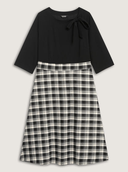 Checkered Print Bow Tie Contrast Midi Dress