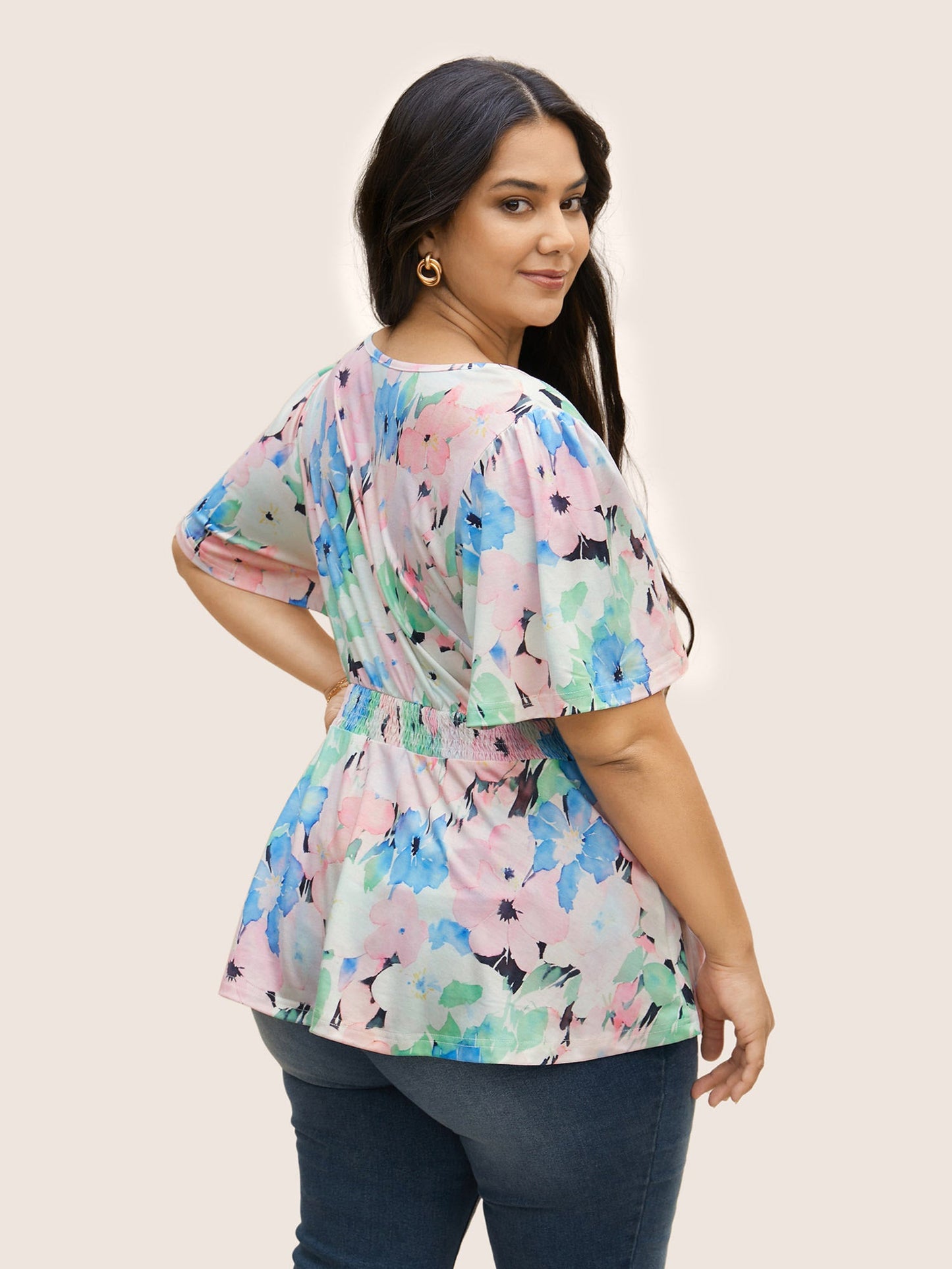 V Neck Floral Shirred Flutter Sleeve T-shirt