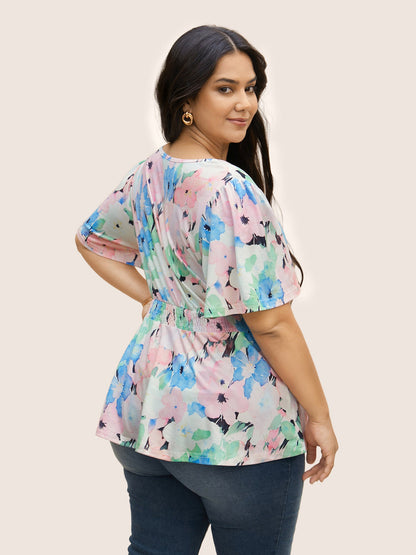 V Neck Floral Shirred Flutter Sleeve T-shirt
