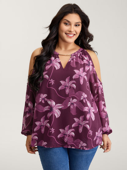 Off-Shoulder Floral Print Metal Detail Blouse