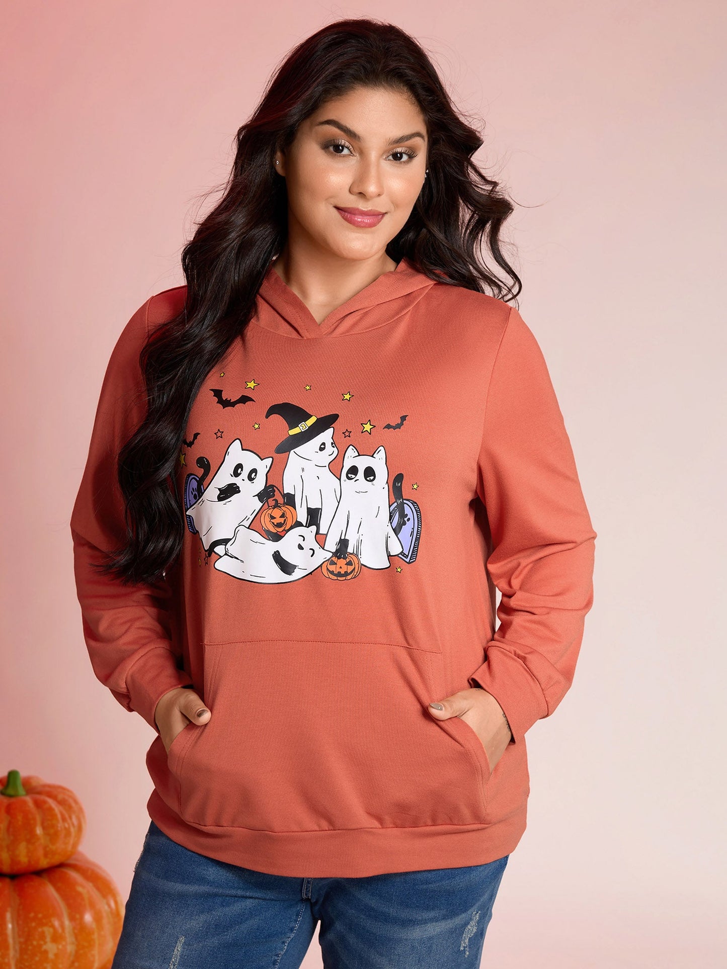 Halloween Ghost Print Solid Hoodie