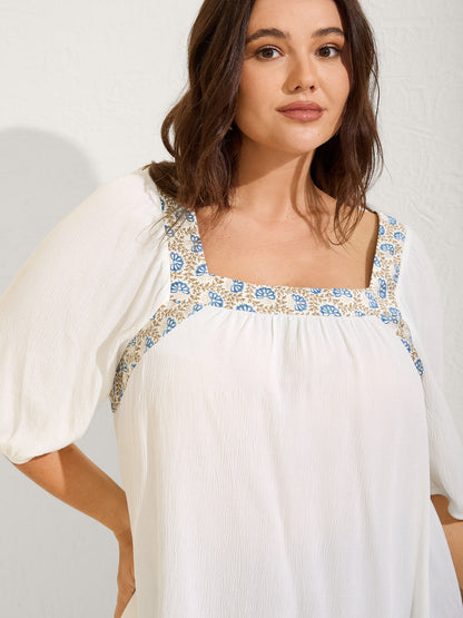 Boho Spliced Neck Pleated Plain Blouse
