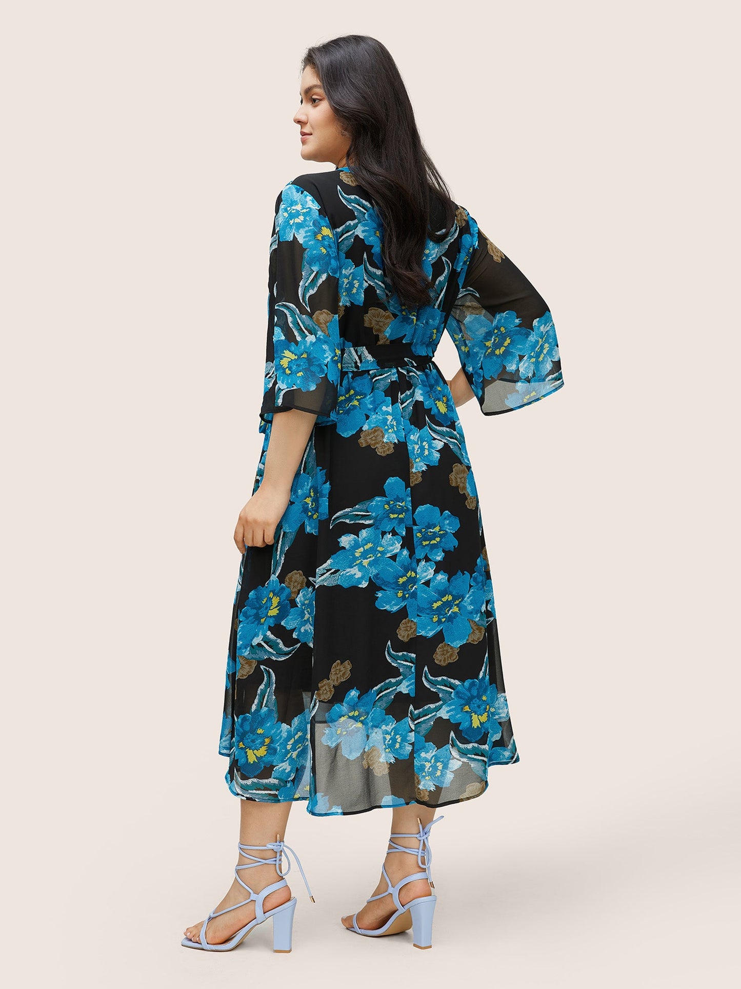 Floral Print Surplice Neck Belted Mesh Dress