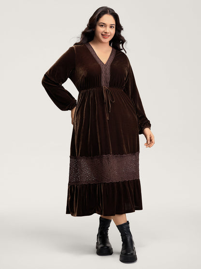 Velvet Lace Trim Waist-Tie Maxi Dress