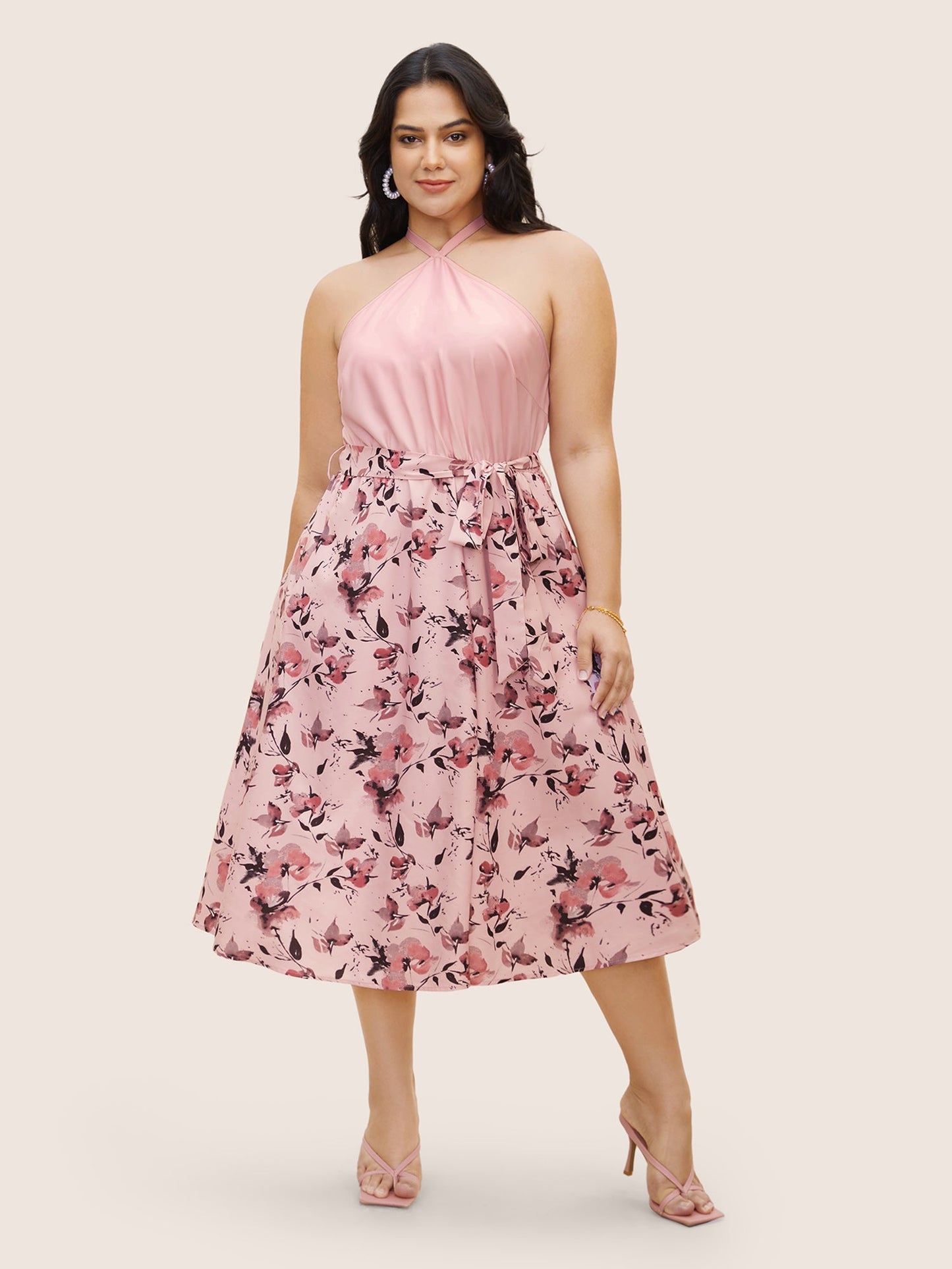 Halter Neck Floral Patchwork Midi Dress
