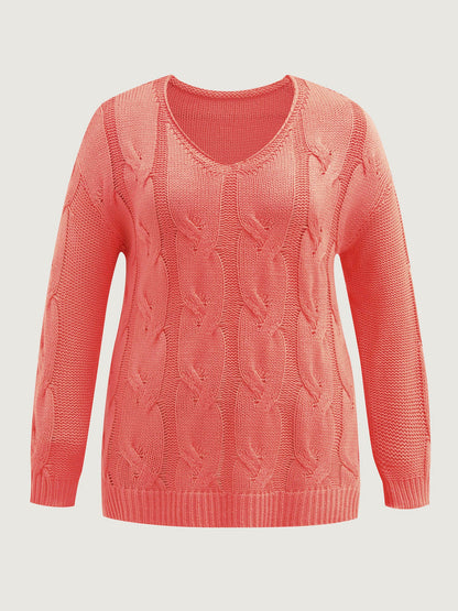 Cable Knit V-Neck Solid Pullover