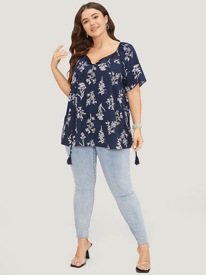 Floral Tassels Tie Neck Contrast Lace  Blouse