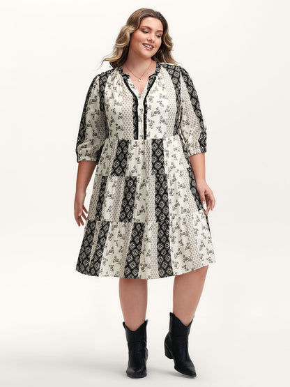Colorblock Collage Print Tiered Midi Dress