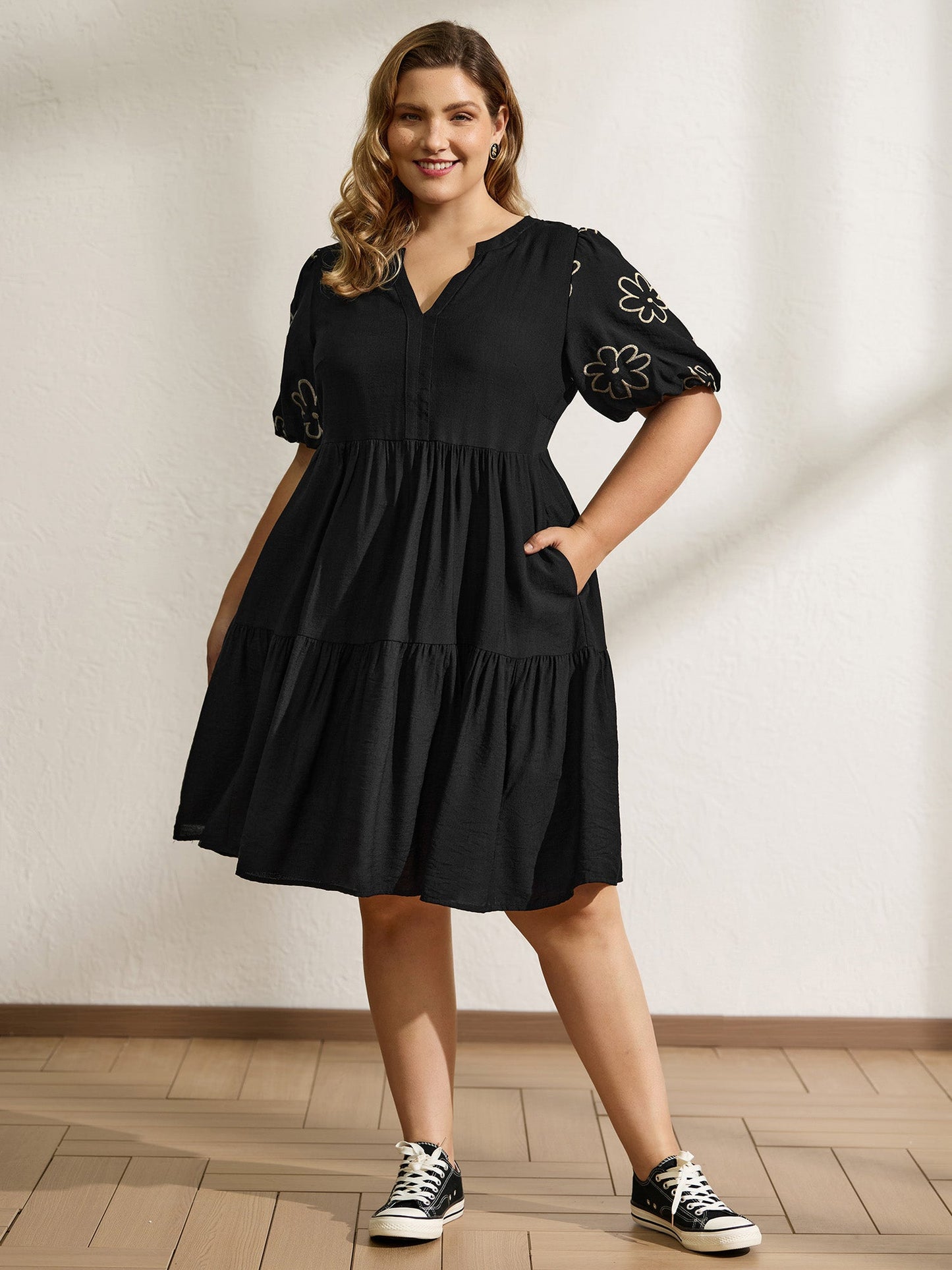 Floral Embroidered Sleeve A-Line Midi Dress