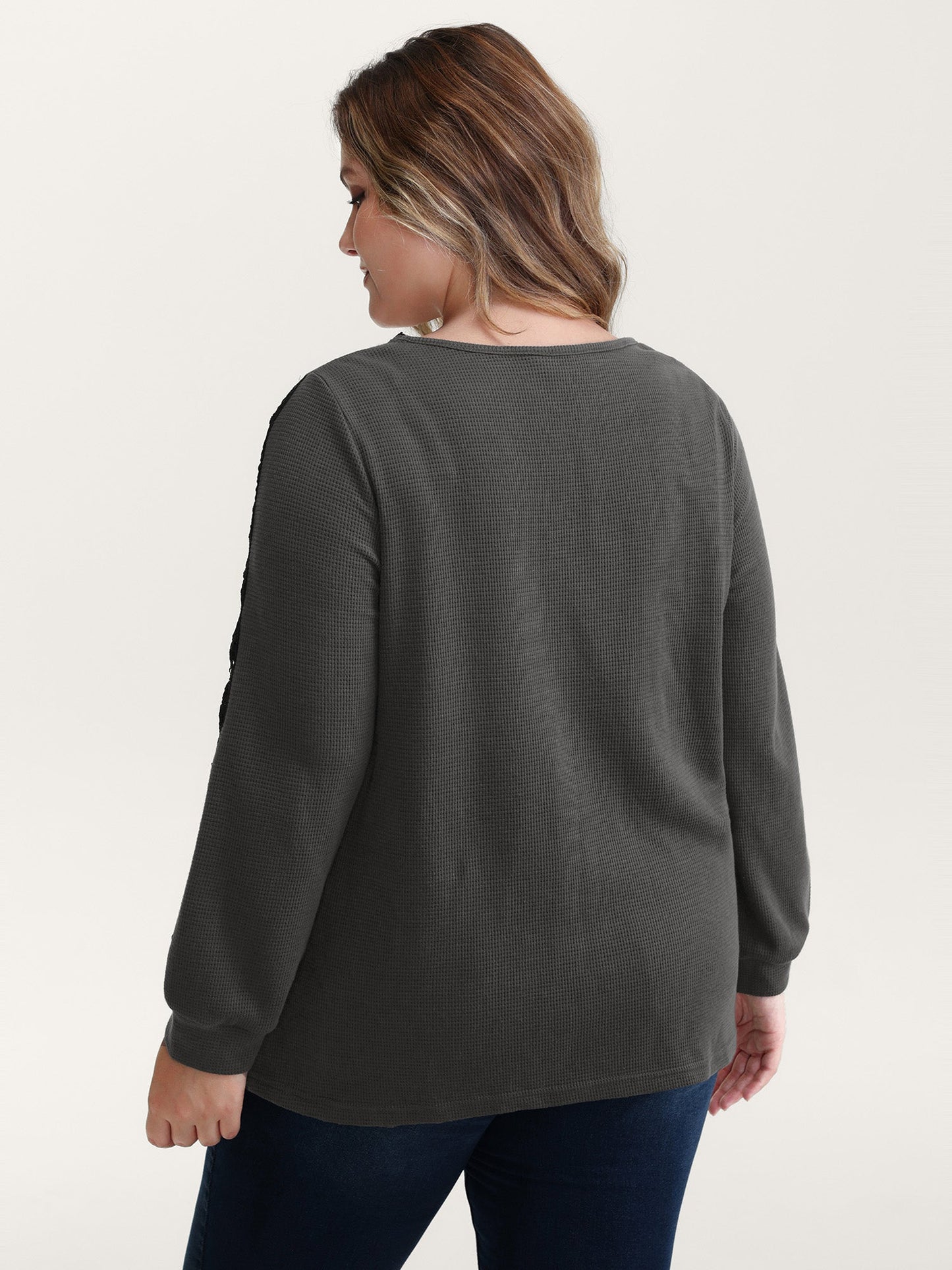 Lace Trim Textured V-Neck T-Shirt