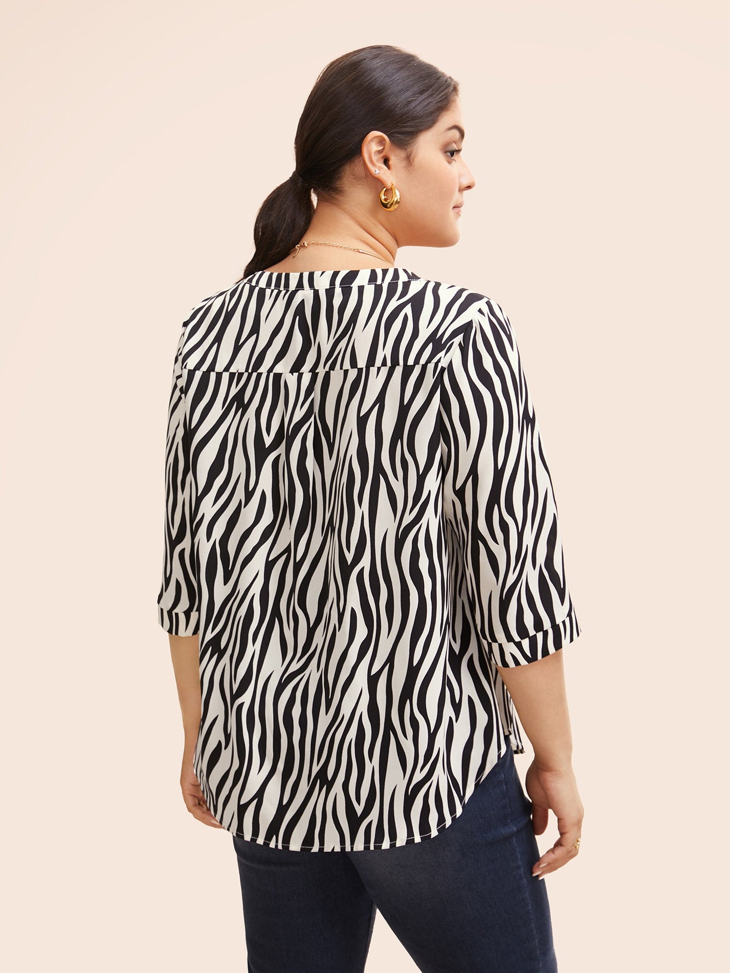Zebra Print Notched Patched Pocket Blouse