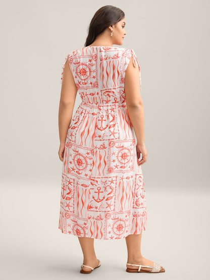 Nautical Print Sleeveless Ties Pockets Maxi Dress