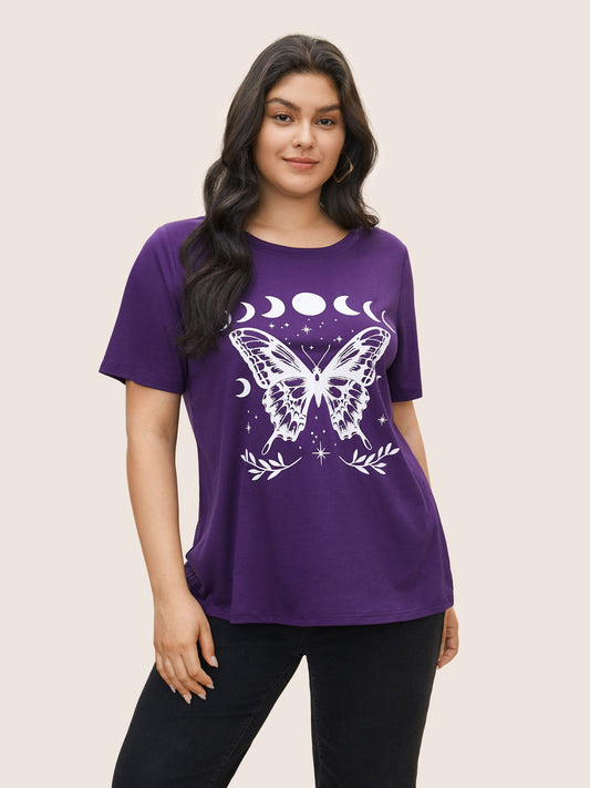 Butterfly & Moon Print Round Neck T-shirt