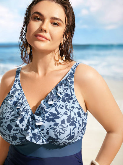 Silhouette Floral Print Patchwork Ruffles One Piece Swimsuit