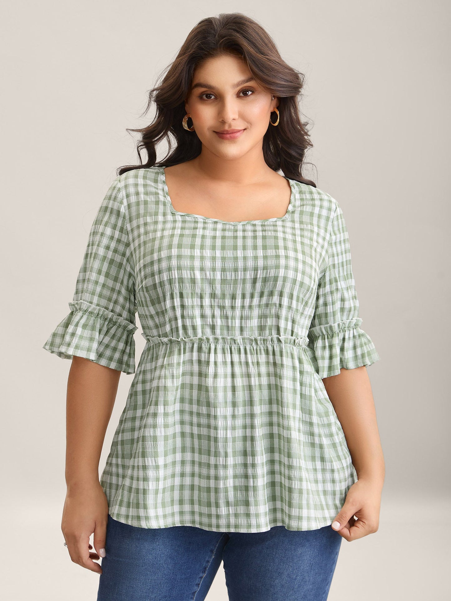 Plaid Pattern Ruffled Sleeve Babydoll Top
