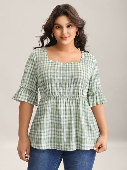 Plaid Pattern Ruffled Sleeve Babydoll Top