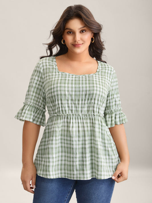 Plaid Pattern Ruffled Sleeve Babydoll Top
