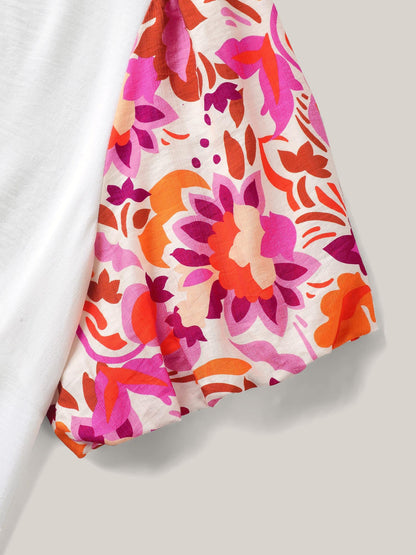 Floral Bubble Sleeve High-Neck Blouse