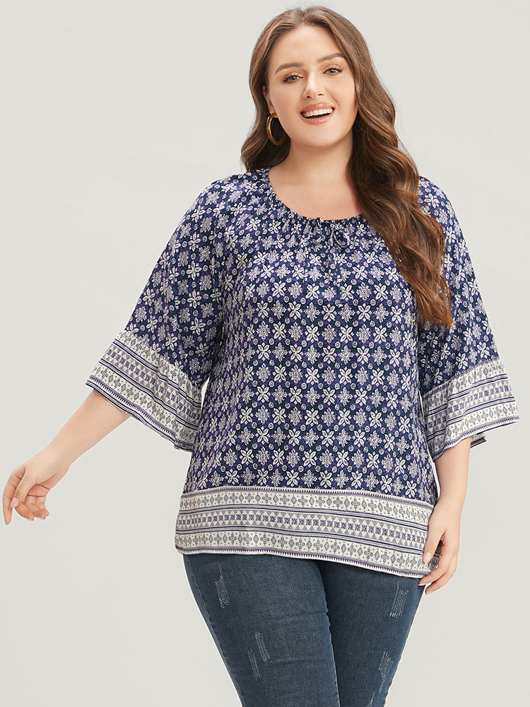 Floral Print Bell Sleeve Knotted Round Neck Blouse