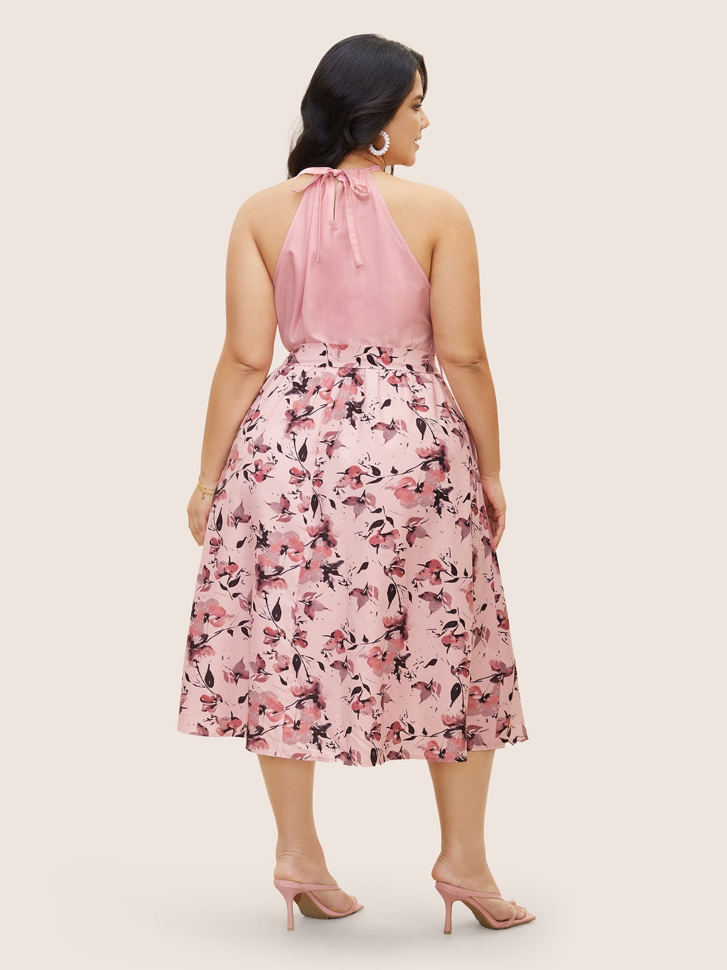 Halter Neck Floral Patchwork Midi Dress