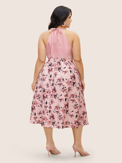 Halter Neck Floral Patchwork Midi Dress