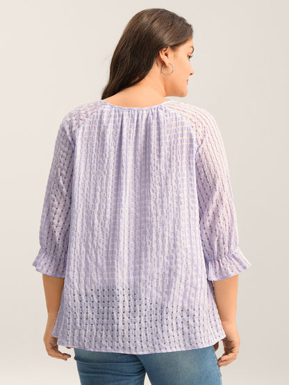 Grid Textured Keyhole Tie Blouse