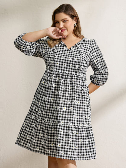 Plaid Floral High-Waist Midi Dress