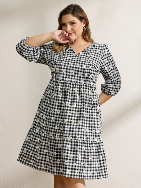 Plaid Floral High-Waist Midi Dress