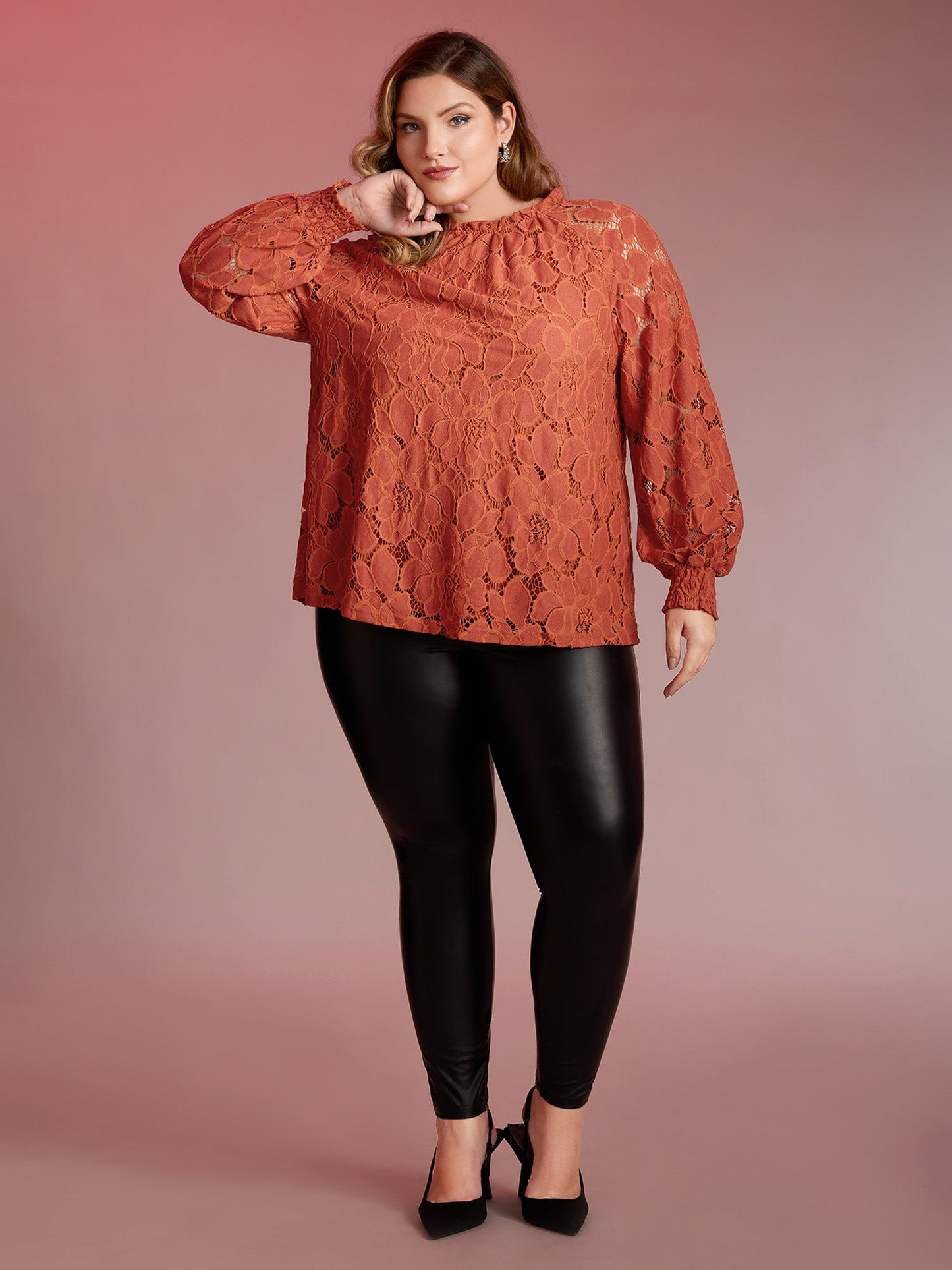 Lace Ruffled Neckline Shirred Blouse