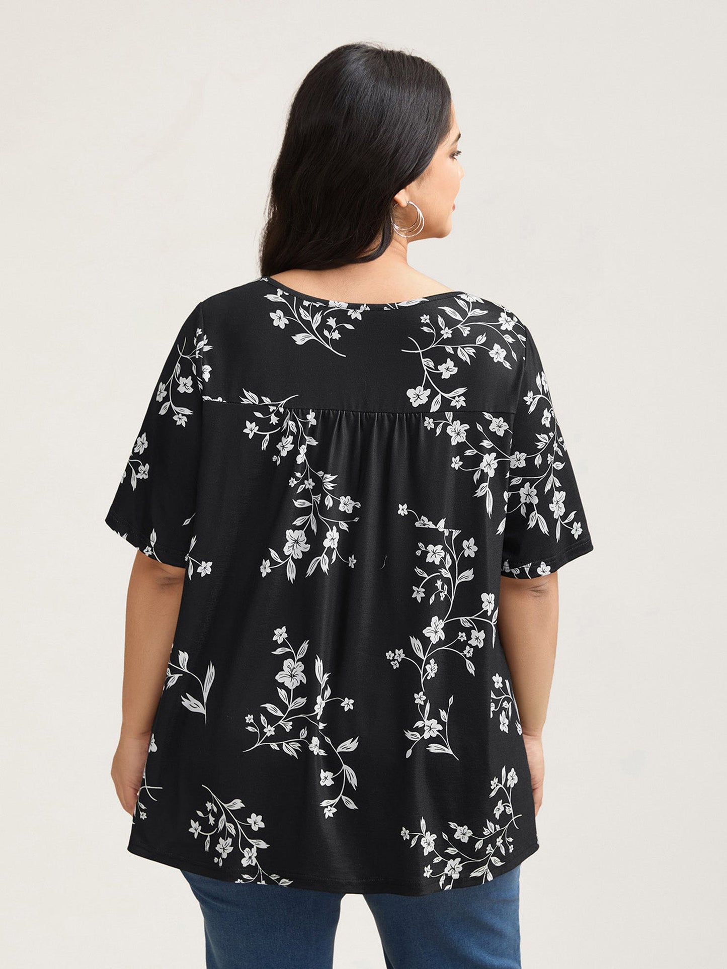 Floral Print Button Placket Pleated T-Shirt