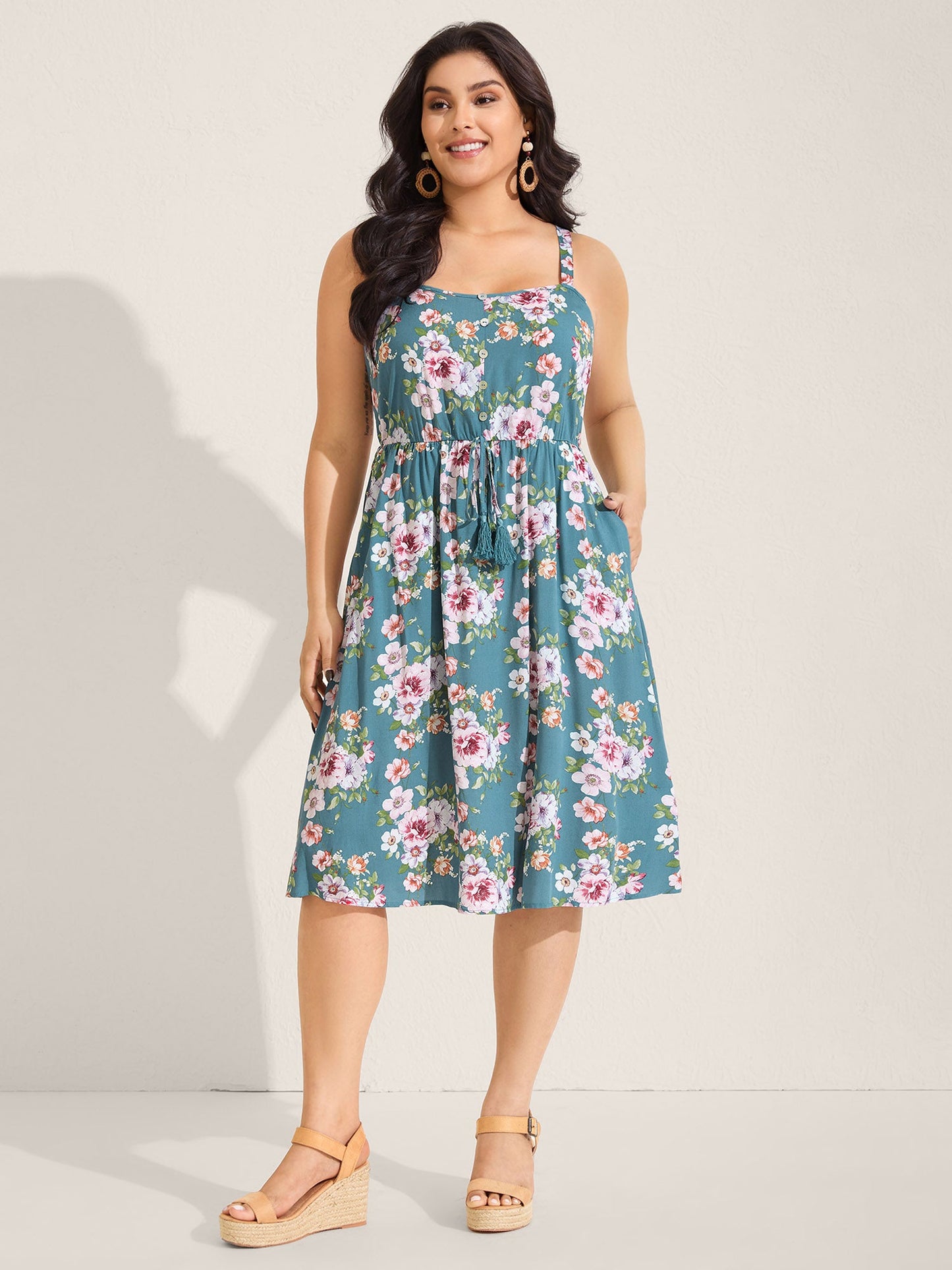Large Floral Print Cinched-Waist Midi Dress
