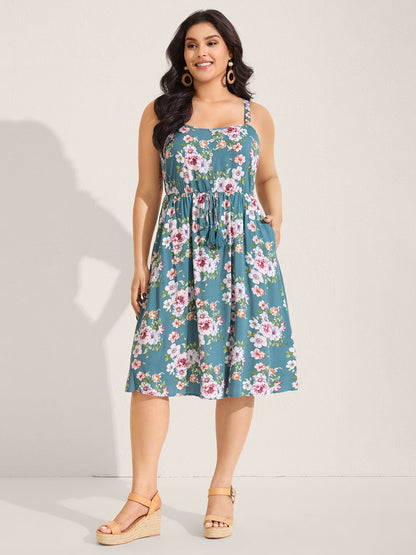 Large Floral Print Cinched-Waist Midi Dress