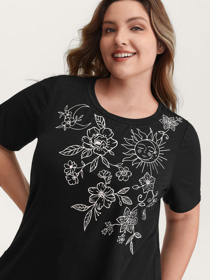 Floral Print Stretchy Round Neck T-Shirt