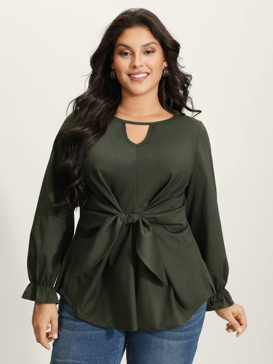 Knotted-Front Stretch Cuff Sleeve Blouse