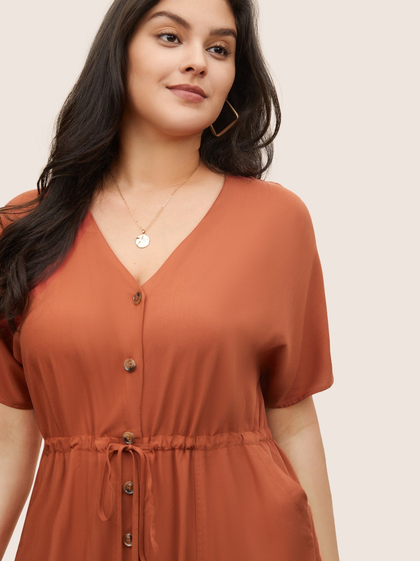 Plain Button Up Drawstring Gathered Pocket Jumpsuit