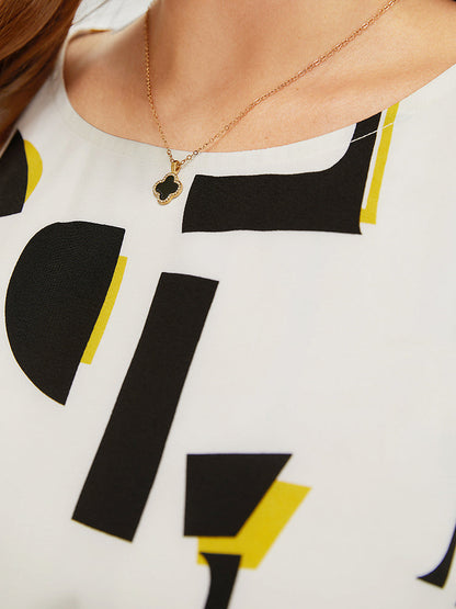 Geometric Print Pocket Belt Flutter Sleeve Dress