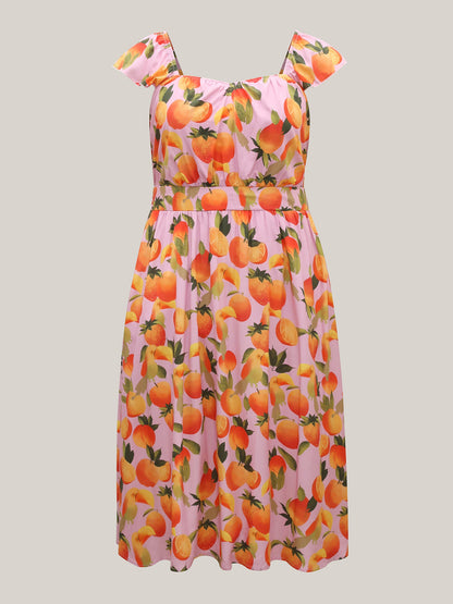 Citrus Print Pleated Sweetheart Midi Dress