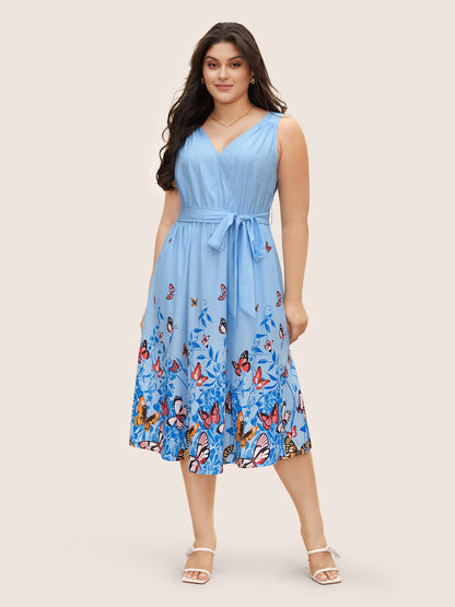 Butterfly Print Wrap Gathered Tank Dress
