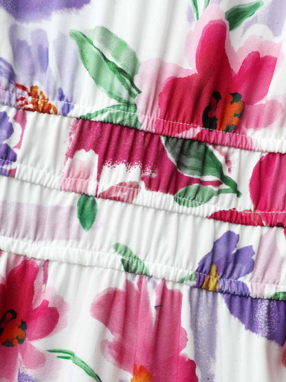 Bright Floral Print Pleated Waist Maxi Dress