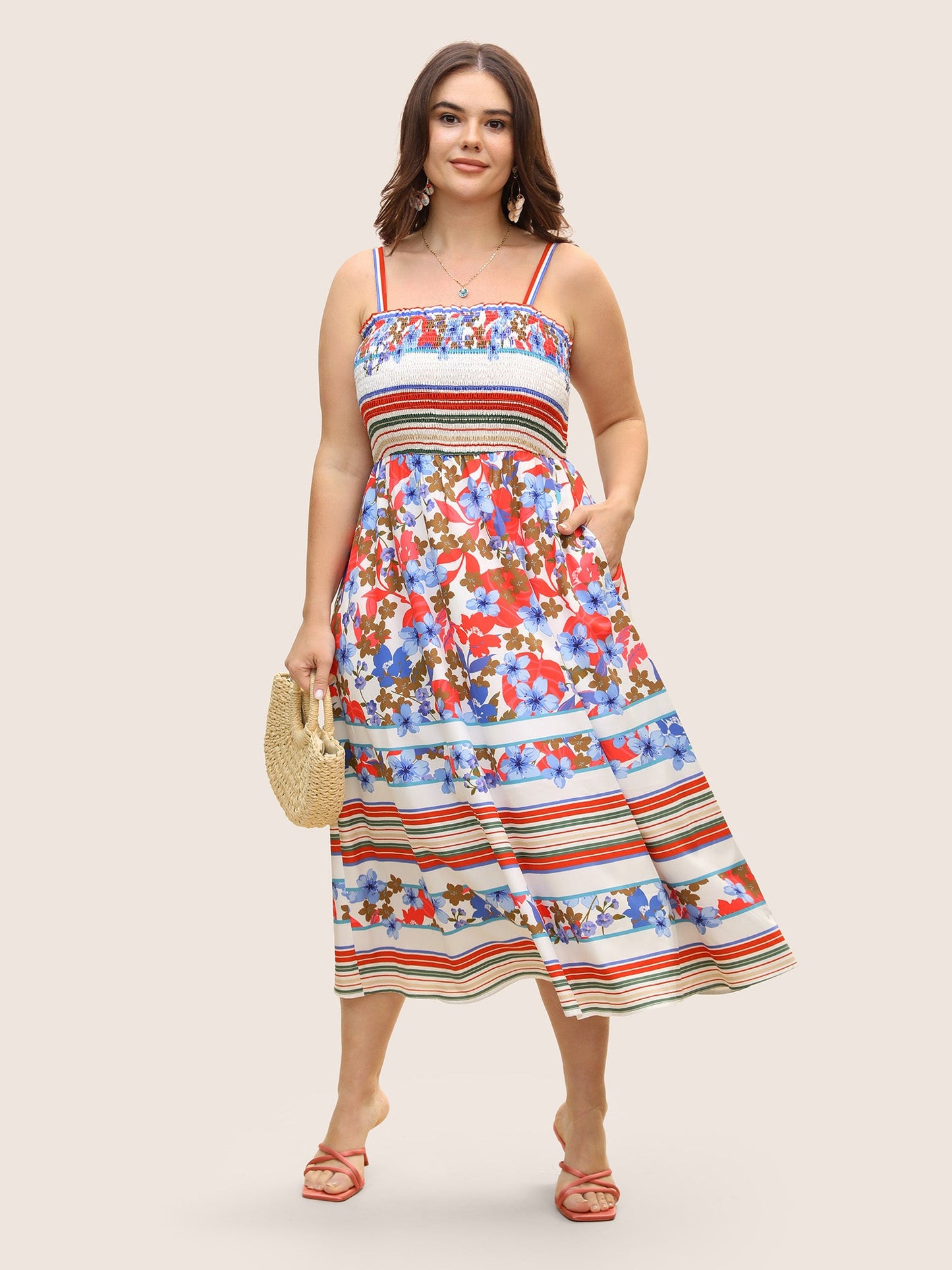 Floral Print Shirred Cami Midi Dress